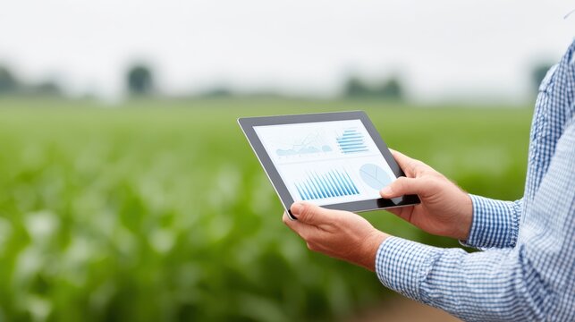 Individual holding tablet displaying data analytics in a lush green agricultural field, showcasing modern technology's impact on farming and crop management practices