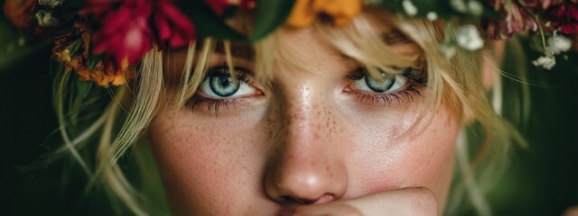 Captivating close-up portrait of a blonde woman with freckles wearing a white flower crown