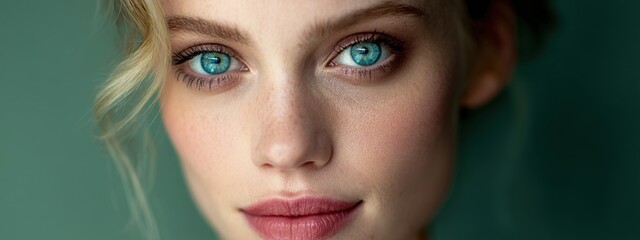 Alluring close-up portrait of a woman with striking blue eyes and freckles