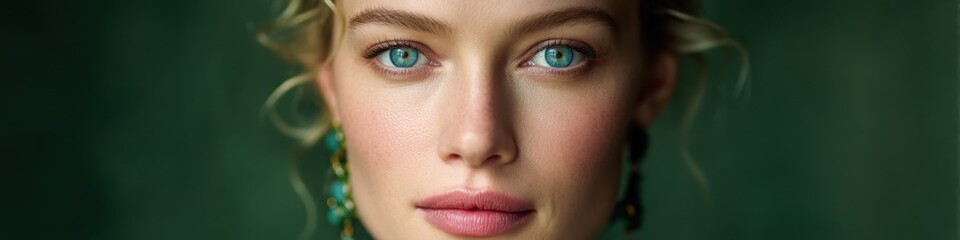 Obraz premium Alluring close-up portrait of a woman with striking blue eyes and freckles