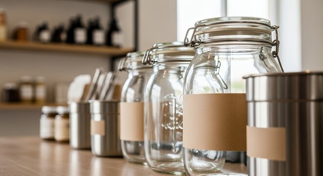 Glass jars and metal containers with blank labels on a kitchen counter. Concept of eco-friendly food storage, organization, and sustainable lifestyle.