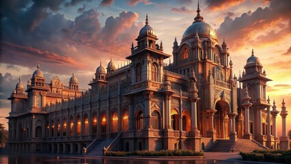 Naklejka premium Architectural masterpiece with intricate details and ornate facade at sunset