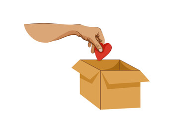 Hand Putting Heart into Donation Box, Charity Concept
