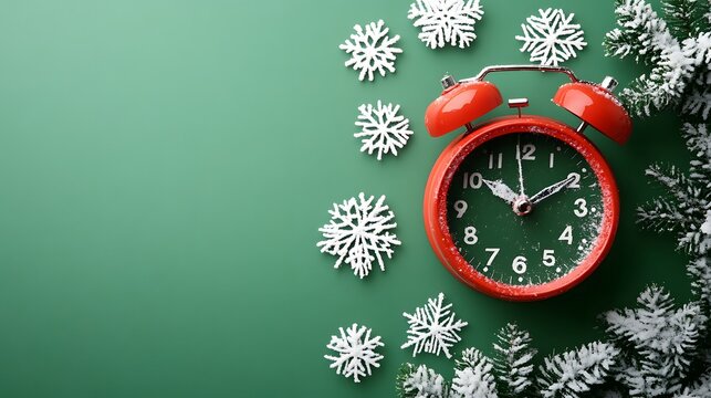 Holiday-themed clock surrounded by snowflakes and greenery for festive vibes