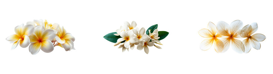 Naklejka premium Group of white frangipani flowers with yellow centers on black