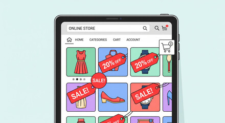 Online store sale event with red tags indicating discounts on various products like dresses, shoes, and watches