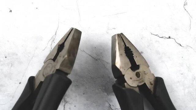 Two metal pliers with black handles rest on a cracked white surface, creating an overhead perspective