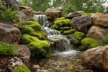 Tranquil Waterfall Cascading Over Moss-Covered Rocks in a Lush Garden