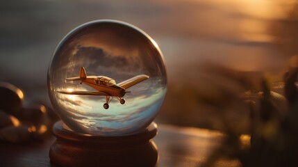 Adventurous Journey Above the World: A tiny biplane rests on a glass globe at sunset.