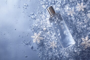 Refreshing Cosmetic Elixir Bottle Surrounded by Ice and Snowflakes on Cool Blue