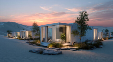 Luxury minimalist cabins nestled in serene desert dunes at dusk.