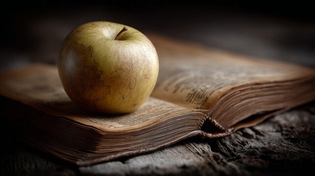 A ripe apple sits on top of an open book. The apple is positioned in the middle of the book, with the pages slightly open to reveal the fruit. Concept of curiosity and wonder