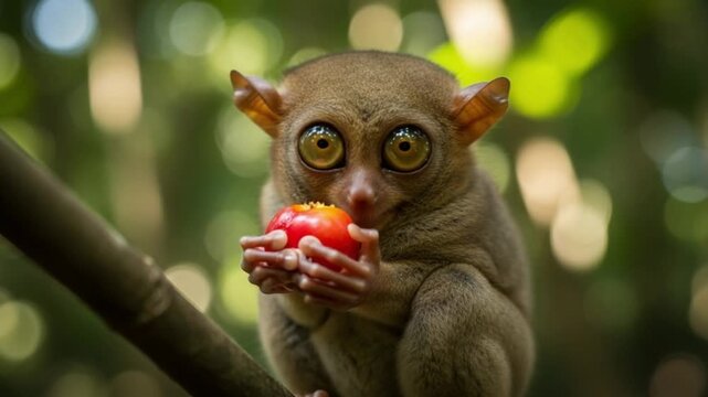 A tarsier holds and eats a red fruit while