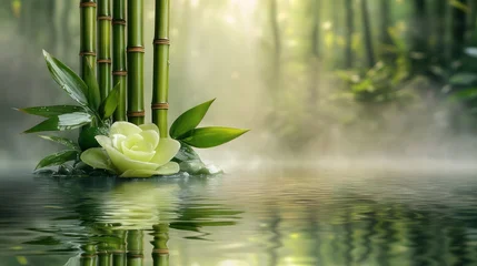 Tableau sur plexiglas Réflexion Serene bamboo stalks and a flower reflected in calm water, with misty backdrop  © Dece Std