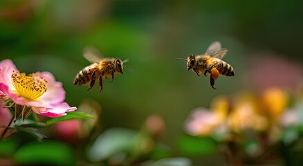 Two bees in flight near a delicate pink flower