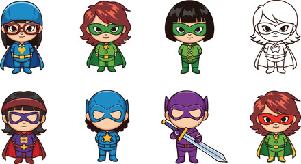 Cute superhero kids characters set, colorful cartoon boys and girls in costumes, fantasy heroes, vector illustration for comic design © MSTAYESHASIDDIKA