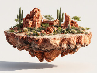 Surreal Airborne Island Showcasing Vibrant Desert Plants and Rugged Rocks.