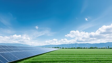 Fototapeta premium Solar panels installed on a green field under a bright blue sky with fluffy clouds, showcasing renewable energy and sustainable technology in a natural landscape