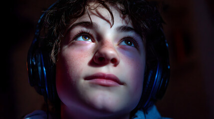 Dreamy-eyed Caucasian teenage boy with headphones, evoking starlit reverie, International Day of Listening, distant aurora vibes