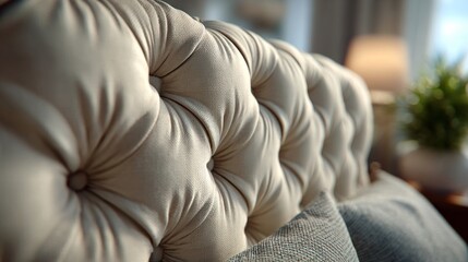 Obraz premium A close up of a bed with a white headboard and pillows. The bed is in a room with a window and a potted plant. The bed is well made and the pillows are neatly arranged