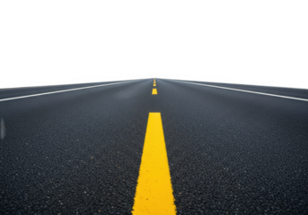 Asphalt road with yellow and white lines perspective view transportation highway isolated on transparent background