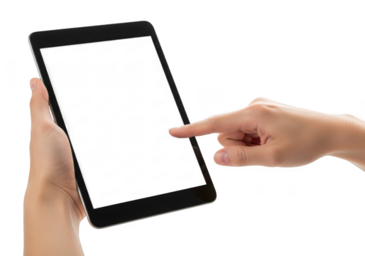 Hand holding tablet mockup, finger touching screen, digital device, technology, mobile app, presentation isolated on transparent background