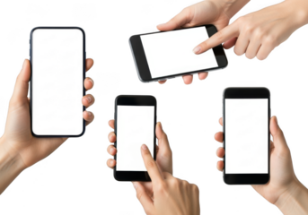 Multiple hands holding mobile phones with blank white screens mockup for app design and ui presentation isolated on transparent background