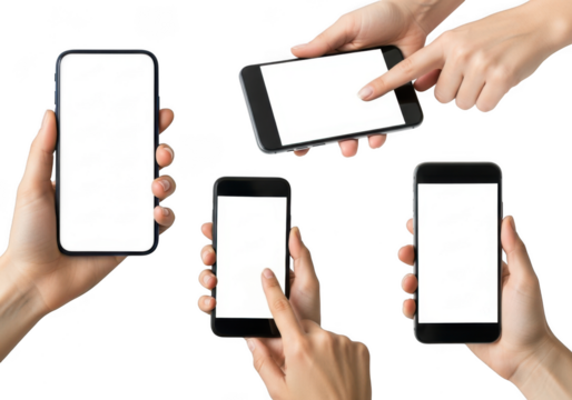 Multiple hands holding mobile phones with blank white screens mockup for app design and ui presentation isolated on transparent background