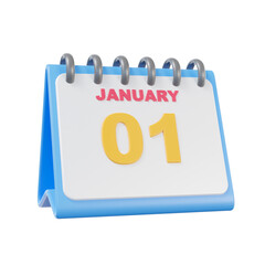 A vibrant 3D icon of a desktop calendar showing the date of January 1st. A symbol for New Year's Day, fresh starts, and yearly planning
