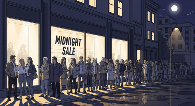 Crowd of people queuing on a city sidewalk at night, waiting in line for a special midnight retail sale event