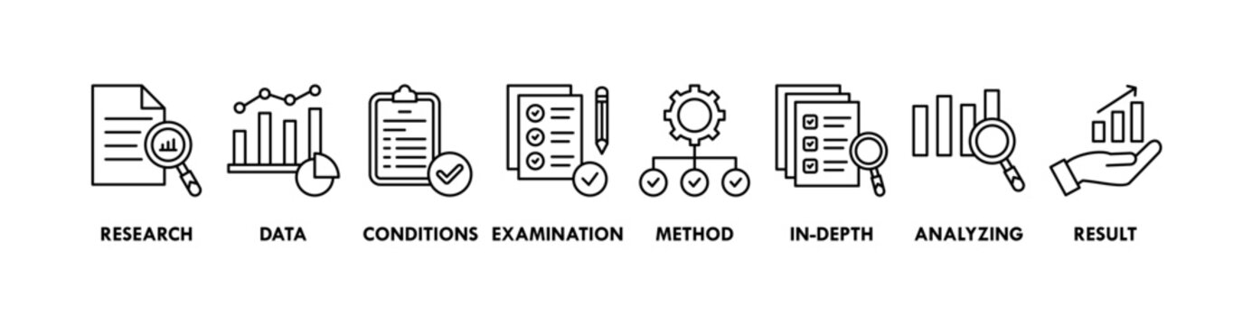 Case study banner web icon vector illustration concept with icon of research, data, conditions, examination, method, in-depth, analyzing, and result