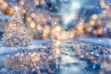 Magical winter city scene with sparkling Christmas lights, falling snow, and a glowing holiday tree reflected in icy pavement. A dreamy festive atmosphere full of warmth, wonder, and seasonal charm.