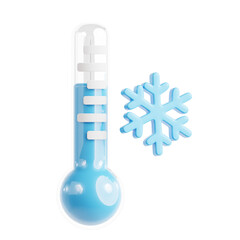 Realistic 3D Illustration of a Thermometer Indicating Cold Temperatures Next to a Snowflake