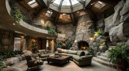 Grand interior living space featuring natural stone, wood beams, and lush greenery.