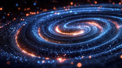 Swirling cosmos of blue and orange particles forms a mesmerizing, abstract galaxy
