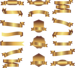 Collection of golden ribbons and badges on a white background for graphic design use