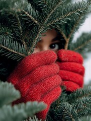 Child’s curious eyes peek through evergreen branches, wearing cozy red winter mittens. A playful and heartwarming holiday moment capturing winter wonder, festive magic, and cozy seasonal charm.