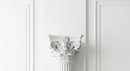 Close-up of a detailed white Corinthian column capital with acanthus leaves and scrolls against a simple white wall paneling background