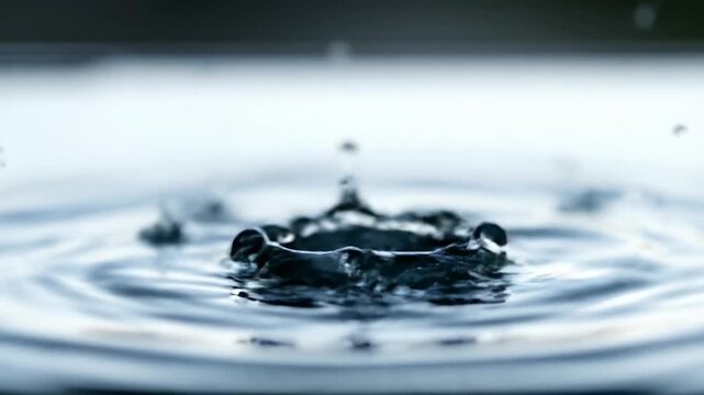 Crystal clear water droplet impact in ultra slow motion, creating intricate crown patterns and ripples on a calm surface serene, hypnotic, calm