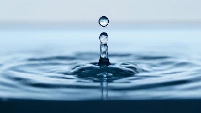Crystal clear water droplet impact in ultra slow motion, creating intricate crown patterns and ripples on a calm surface loopable, smooth, dynamic