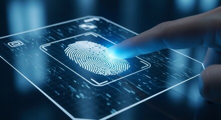 Advanced biometric security concept showing a finger scanning a glowing digital interface for swift identity verification and data protection