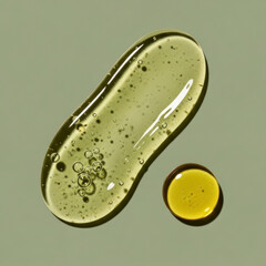 Oval smear of green transparent gel with air bubbles next to a round yellow oil drop on a muted sage green background