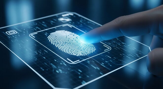Advanced biometric security concept showing a finger scanning a glowing digital interface for swift identity verification and data protection