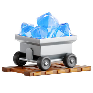 A 3D render of a silver mine cart filled with precious blue crystals on a railway track, symbolizing wealth, resource mining, and digital assets