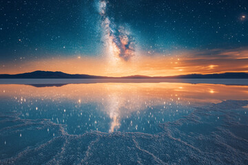 Vast Salt Flats Reflecting a Starlit Sky A mirror-like expanse where heavens meet Earth in stunning clarity