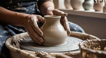 Close-up of a potter's hands skillfully shaping a wet clay vase on a spinning pottery wheel in a creative workshop
