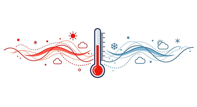Conceptual illustration of global temperature regulation with a thermometer symbolizing contrasting hot and cold climates and seasonal weather conditions
