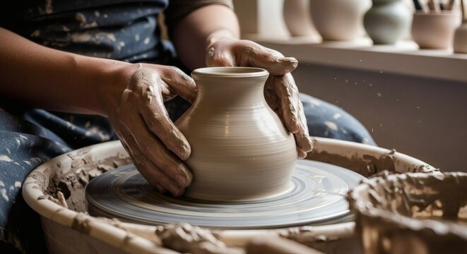 Close-up of a potter's hands skillfully shaping a wet clay vase on a spinning pottery wheel in a creative workshop