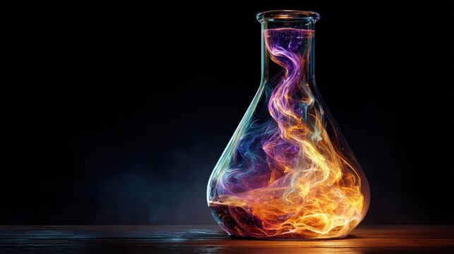 Dynamic Chemical Reaction Glowing in Yellow and Blue Inside a Transparent Erlenmeyer Flask