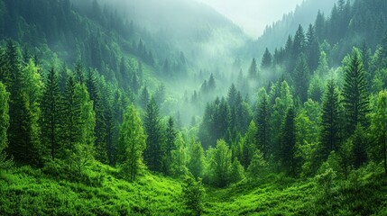 Verdant valley filled with evergreen trees shrouded in mystical fog